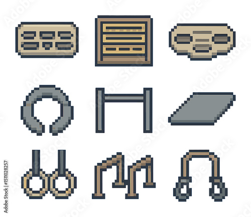 Climbing Training Icons. Pixel art icon set of climbing training methods: hangboard, campus board, fingerboard, grip trainer, pull