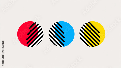 Three circles red blue and yellow with black and white lines on a light background in a row design