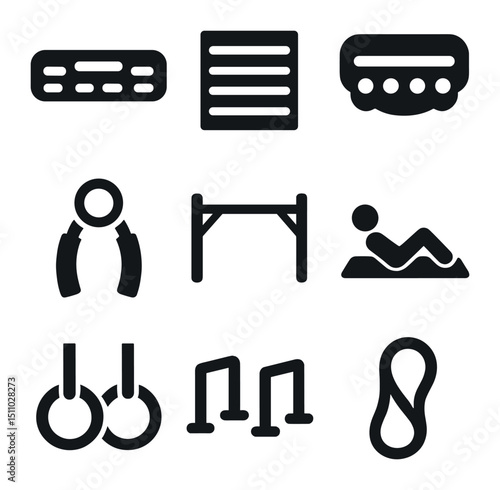 Climbing Training Icons. Solid, Filled icon set of climbing training methods: hangboard, campus board, fingerboard, grip trainer,