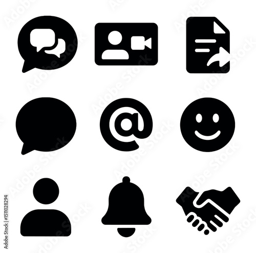 Collaboration Tools Icons. Solid, Filled icon set of team collaboration platforms: group chat bubble, video call screen, shared