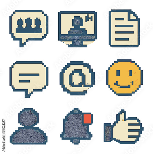 Collaboration Platform Icons. Pixel art icon set of team collaboration platforms: group chat bubble, video call screen, shared