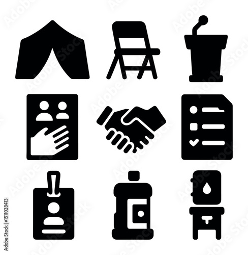 Community Event Icons. Solid, Filled icon set of community organizing events: community tent, folding chair, microphone podium,