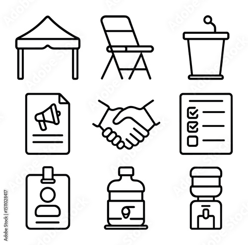Community Events Icon Set. Outline icon set of community organizing events: community tent, folding chair, microphone podium,