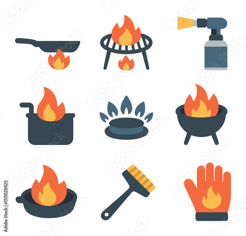 Cooking Fire Icons. Flat icon set of fire in cooking and grilling: flame under pan, grill grate, cooking torch, deep fryer oil