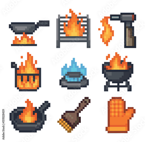 Cooking Fire Icon Set. Pixel art icon set of fire in cooking and grilling: flame under pan, grill grate, cooking torch, deep fryer