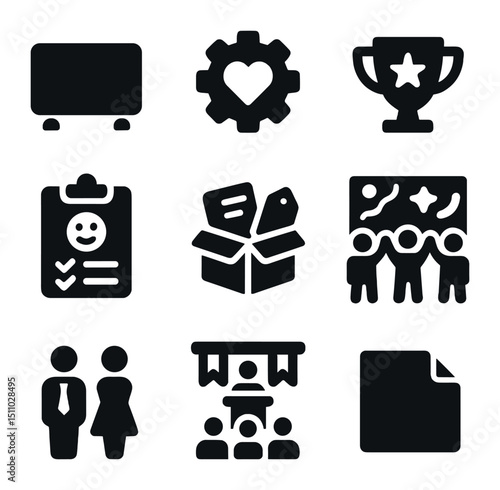Corporate Culture Icons. Solid, Filled icon set of corporate culture elements: mission statement plaque, core values badge,