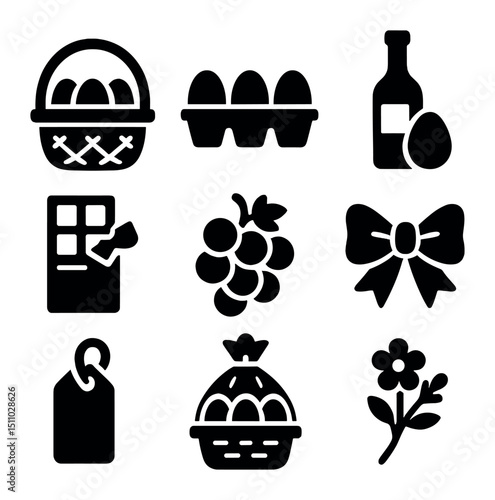 Egg Gift Basket Icons. Solid, Filled icon set of egg gift baskets: wicker basket, egg carton, wine bottle, chocolate bar, fruit