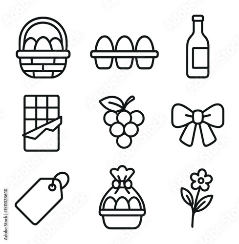 Egg Gift Basket Icons. Outline icon set of egg gift baskets: wicker basket, egg carton, wine bottle, chocolate bar, fruit bunch,