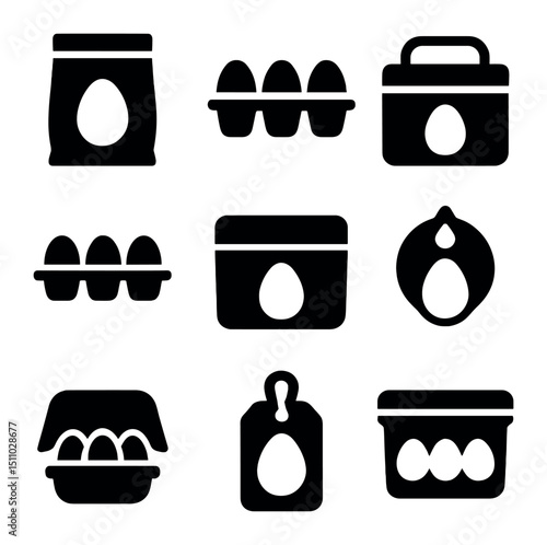 Egg Storage Icons. Solid, Filled icon set of egg storage and preservation baskets: vacuum-sealed bag, egg carton, cooler pack,