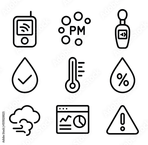 Environmental Monitoring Icons. Outline icon set of environmental quality monitoring: air quality sensor, particulate matter icon,