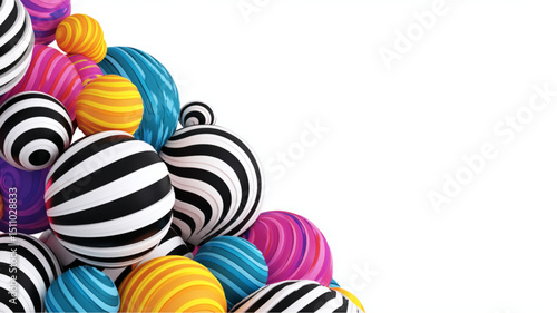 A collection of striped spheres in various colors clustered against a white background space filler