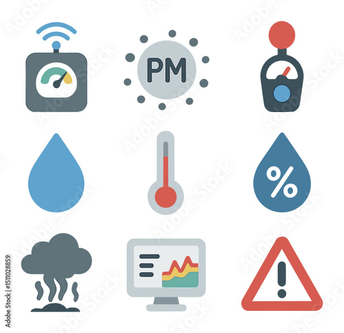 Environmental Monitoring Icons. Flat icon set of environmental quality monitoring: air quality sensor, particulate matter icon,