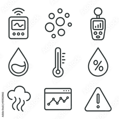 Environmental Monitoring Icons. Outline icon set of environmental quality monitoring: air quality sensor, particulate matter icon,