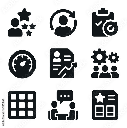 Evaluation Metrics Icons. Solid, Filled icon set of performance evaluation metrics: performance rating, 360° feedback, goal