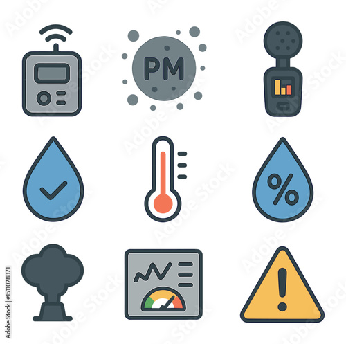 Environmental Monitoring Icons. Flat icon set of environmental quality monitoring: air quality sensor, particulate matter icon,