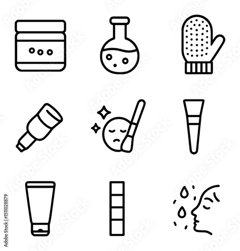 Exfoliation Icons Collection. Outline icon set of exfoliation and peels: sugar scrub jar, chemical peel flask, exfoliating glove,