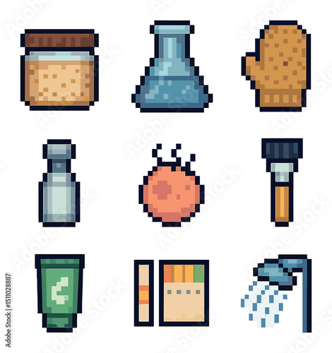 Exfoliation Icon Set. Pixel art icon set of exfoliation and peels: sugar scrub jar, chemical peel flask, exfoliating glove,