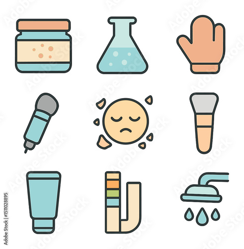 Exfoliation Icons Grid. Flat icon set of exfoliation and peels: sugar scrub jar, chemical peel flask, exfoliating glove,