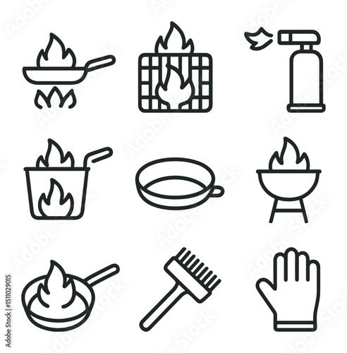 Fire Cooking Icons. Outline icon set of fire in cooking and grilling: flame under pan, grill grate, cooking torch, deep fryer oil