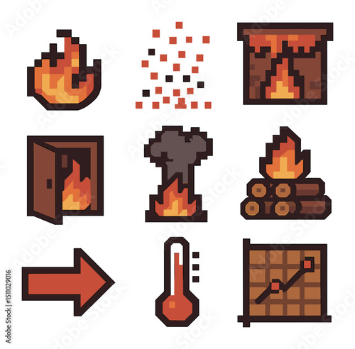 Fire Behavior Icons. Pixel art icon set of fire behavior and dynamics: flame wave, ember scatter, flashover, backdraft, convection