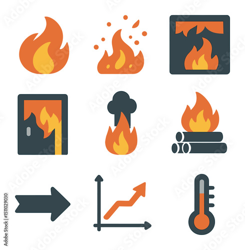 Fire Dynamics Icons. Flat icon set of fire behavior and dynamics: flame wave, ember scatter, flashover, backdraft, convection