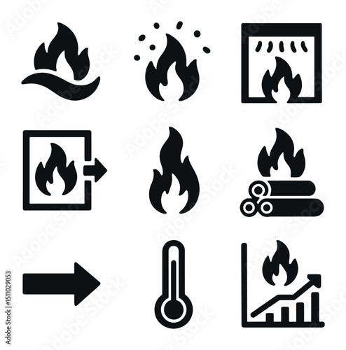 Fire Dynamics Icons. Solid, Filled icon set of fire behavior and dynamics: flame wave, ember scatter, flashover, backdraft,