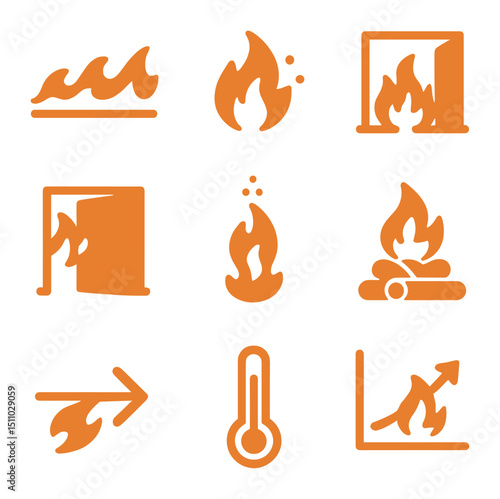 Fire Dynamics Icons. Flat icon set of fire behavior and dynamics: flame wave, ember scatter, flashover, backdraft, convection