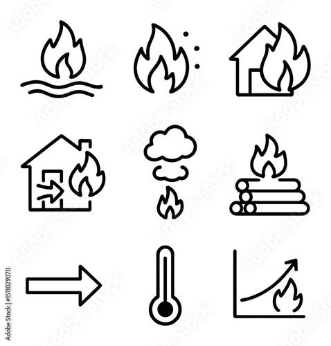 Fire Dynamics Icons. Outline icon set of fire behavior and dynamics: flame wave, ember scatter, flashover, backdraft, convection