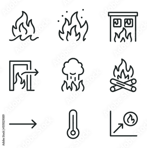 Fire Dynamics Icons. Outline icon set of fire behavior and dynamics: flame wave, ember scatter, flashover, backdraft, convection