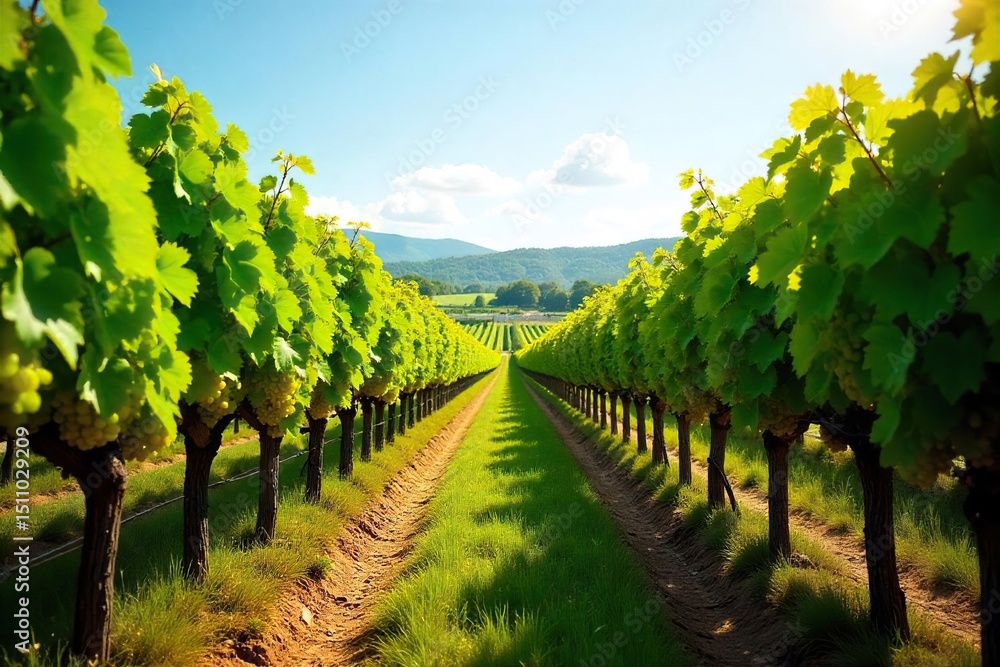 Naklejka premium Sun-drenched rows of grapevines stretching across a picturesque vineyard, ready for harvest Lush green foliage and ripe bunches of grapes hanging heavy on the vines , tranquility, landscape