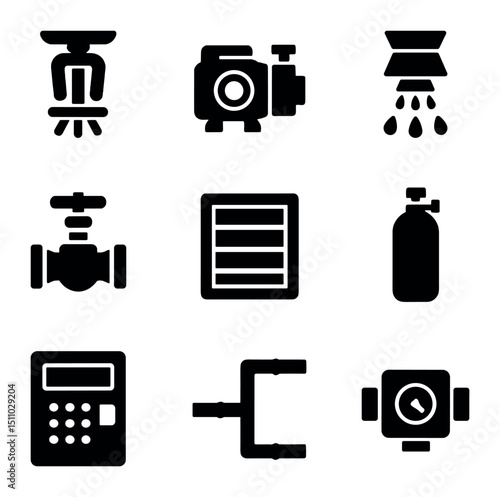 Fire Suppression Icons. Solid, Filled icon set of fire suppression systems: sprinkler head, fire pump, foam nozzle, deluge valve,
