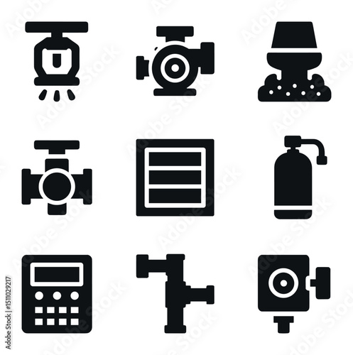 Fire Suppression Icons. Solid, Filled icon set of fire suppression systems: sprinkler head, fire pump, foam nozzle, deluge valve,