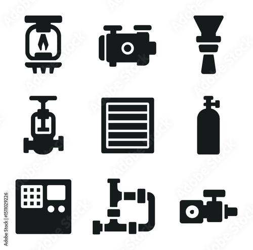 Fire Suppression Icons. Flat icon set of fire suppression systems: sprinkler head, fire pump, foam nozzle, deluge valve, fire