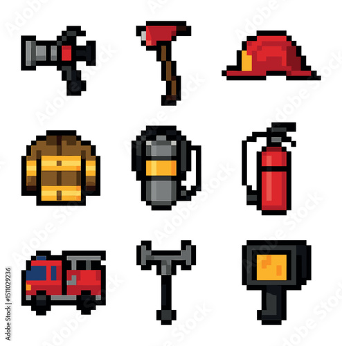 Firefighting Equipment Icons. Pixel art icon set of firefighting equipment: fire hose nozzle, axe, firefighter helmet, turnout