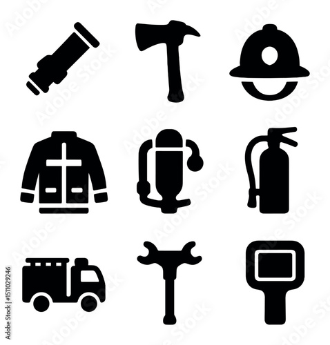 Firefighting Equipment Icons. Solid, Filled icon set of firefighting equipment: fire hose nozzle, axe, firefighter helmet, turnout