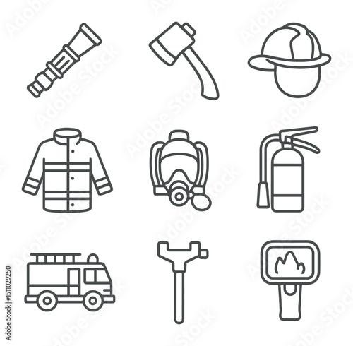 Firefighting Equipment Icons. Outline icon set of firefighting equipment: fire hose nozzle, axe, firefighter helmet, turnout coat,