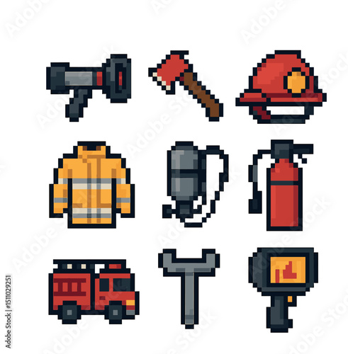 Firefighting Equipment Icons. Pixel art icon set of firefighting equipment: fire hose nozzle, axe, firefighter helmet, turnout