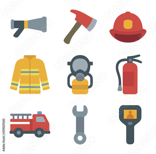 Firefighting Equipment Icons. Flat icon set of firefighting equipment: fire hose nozzle, axe, firefighter helmet, turnout coat,