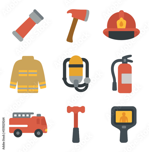 Firefighting Equipment Icons. Flat icon set of firefighting equipment: fire hose nozzle, axe, firefighter helmet, turnout coat,