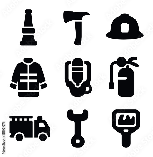 Firefighting Equipment Icons. Solid, Filled icon set of firefighting equipment: fire hose nozzle, axe, firefighter helmet, turnout