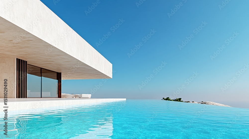 Fototapeta premium An elegant modern villa with an infinity pool showcases contemporary architecture and luxurious surroundings, highlighting the beauty of minimalist design against a clear sky.