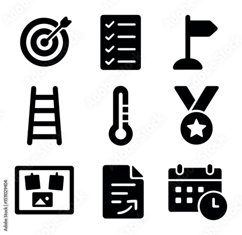 Goal Setting Icons. Solid, Filled icon set of goal setting frameworks: target bullseye, SMART criteria list, milestone marker,