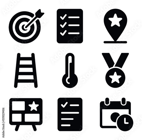 Goal Setting Icons. Solid, Filled icon set of goal setting frameworks: target bullseye, SMART criteria list, milestone marker,