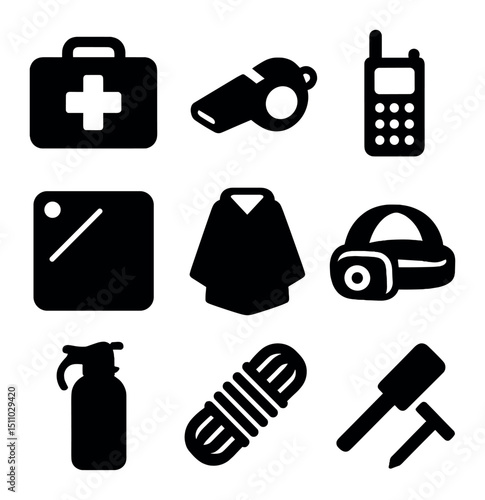 Group Safety Icons. Solid, Filled icon set of group safety equipment: first aid kit, emergency whistle, satellite phone, signal