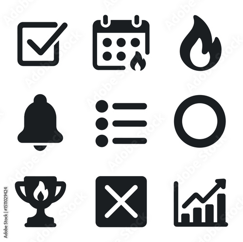 Habit Tracker Icons. Flat icon set of habit tracking apps: habit checkbox, calendar streak, flame streak icon, reminder bell,