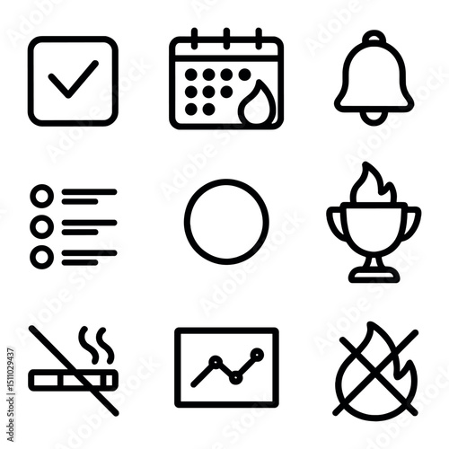 Habit Tracker Icons. Outline icon set of habit tracking apps: habit checkbox, calendar streak, flame streak icon, reminder bell,