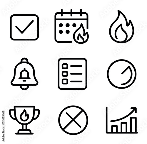 Habit Tracker Icons. Outline icon set of habit tracking apps: habit checkbox, calendar streak, flame streak icon, reminder bell,