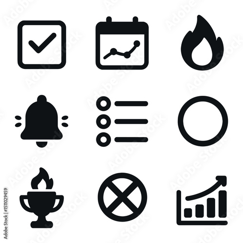 Habit Tracker Icons. Flat icon set of habit tracking apps: habit checkbox, calendar streak, flame streak icon, reminder bell,