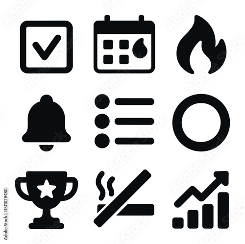 Habit Tracker Icons. Solid, Filled icon set of habit tracking apps: habit checkbox, calendar streak, flame streak icon, reminder