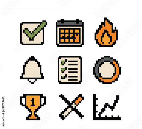 Habit Tracker Icons. Pixel art icon set of habit tracking apps: habit checkbox, calendar streak, flame streak icon, reminder bell,